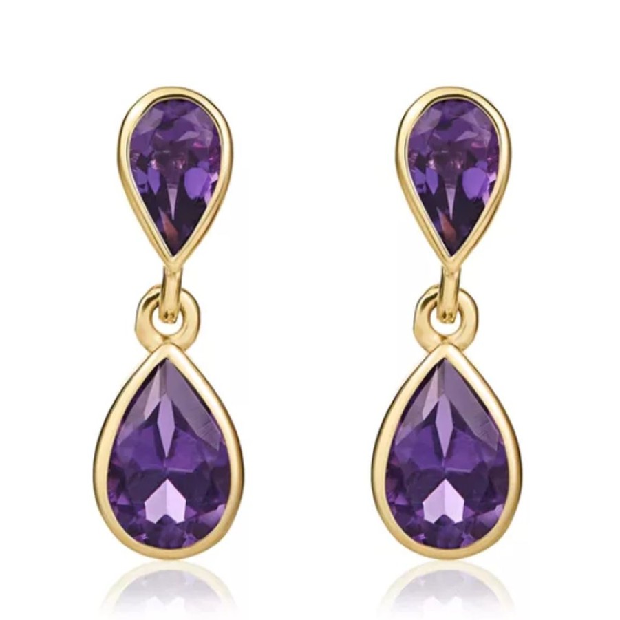 Jewellery 1879 Collection | 9Ct Yellow Gold Pear Shaped Amethyst Double Stone Rubover Drop Earrings