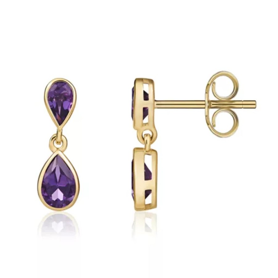 Jewellery 1879 Collection | 9Ct Yellow Gold Pear Shaped Amethyst Double Stone Rubover Drop Earrings