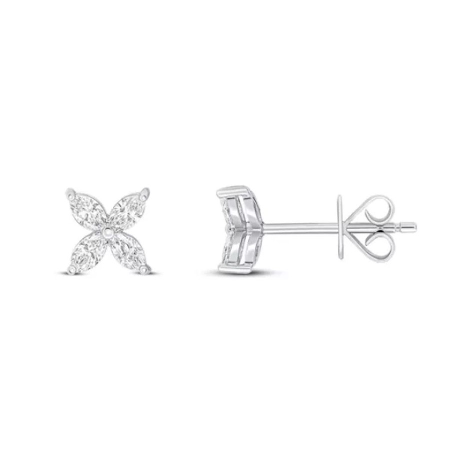 Jewellery 1879 Collection | 18Ct White Gold Marquise Diamond 4 Stone Flower Stud Earrings